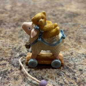 Cherished Teddies Bear on Lamb Pull Toy - Cream, Tan, Blue